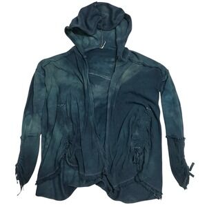 Free People Teal Acid Wash Open Front Hooded Cardigan Raw Edge Boho Small